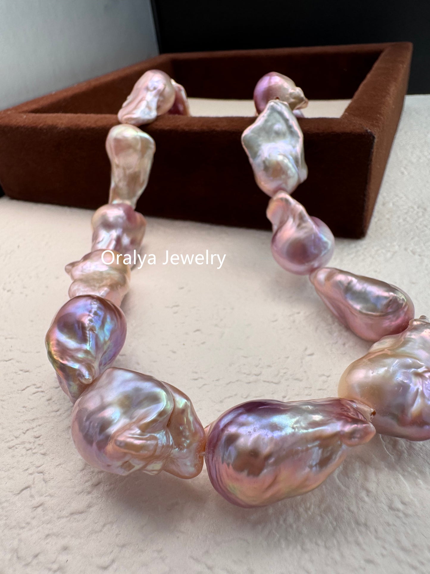Purple Baroque Pearl Necklace 40cm – Large Natural Pearls with 925 Silver Zircon Clasp