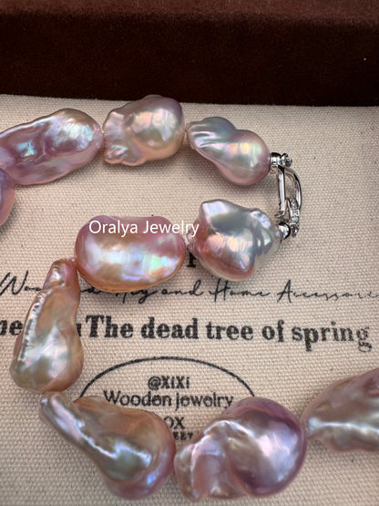 Purple Baroque Pearl Necklace 40cm – Large Natural Pearls with 925 Silver Zircon Clasp
