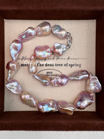 Purple Baroque Pearl Necklace 40cm – Large Natural Pearls with 925 Silver Zircon Clasp