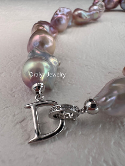 Purple Baroque Pearl Necklace 40cm – Large Natural Pearls with 925 Silver Zircon Clasp