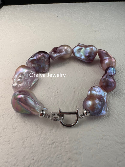 Purple Baroque Pearl Bracelet 18cm – Natural Pearls with 925 Silver Zircon Clasp